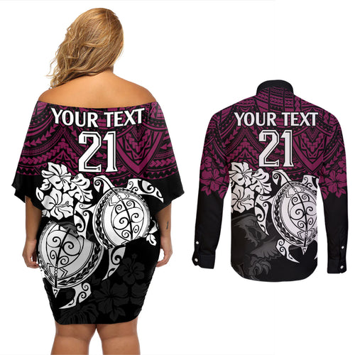 custom-sea-eagles-rugby-couples-matching-off-shoulder-short-dress-and-long-sleeve-button-shirt-silvertails-hibiscus-and-turtle-with-polynesian-pattern