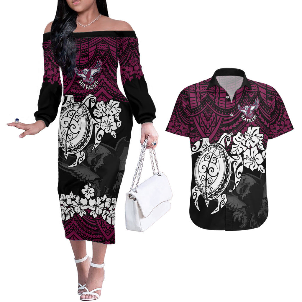 custom-sea-eagles-rugby-couples-matching-off-the-shoulder-long-sleeve-dress-and-hawaiian-shirt-silvertails-hibiscus-and-turtle-with-polynesian-pattern