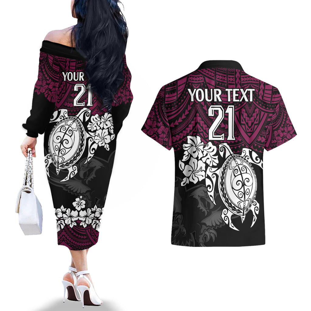 custom-sea-eagles-rugby-couples-matching-off-the-shoulder-long-sleeve-dress-and-hawaiian-shirt-silvertails-hibiscus-and-turtle-with-polynesian-pattern
