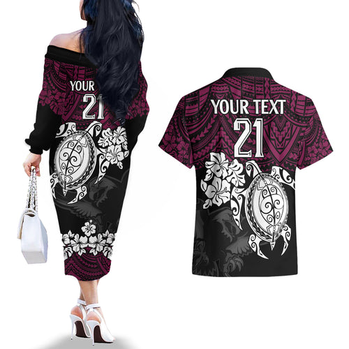 custom-sea-eagles-rugby-couples-matching-off-the-shoulder-long-sleeve-dress-and-hawaiian-shirt-silvertails-hibiscus-and-turtle-with-polynesian-pattern