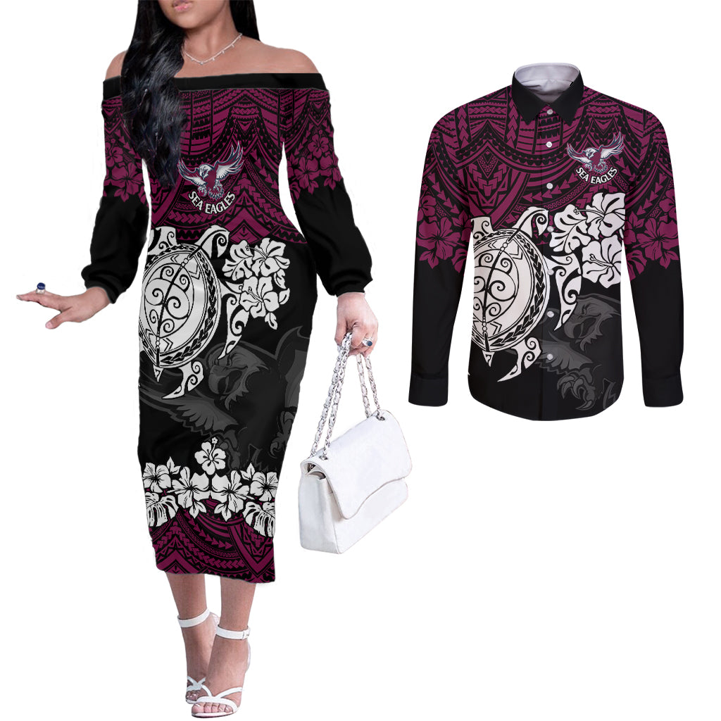 custom-sea-eagles-rugby-couples-matching-off-the-shoulder-long-sleeve-dress-and-long-sleeve-button-shirt-silvertails-hibiscus-and-turtle-with-polynesian-pattern