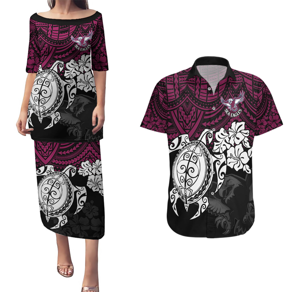 custom-sea-eagles-rugby-couples-matching-puletasi-dress-and-hawaiian-shirt-silvertails-hibiscus-and-turtle-with-polynesian-pattern