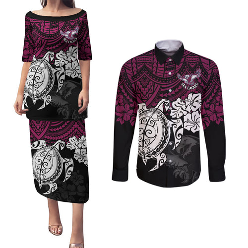 custom-sea-eagles-rugby-couples-matching-puletasi-dress-and-long-sleeve-button-shirt-silvertails-hibiscus-and-turtle-with-polynesian-pattern