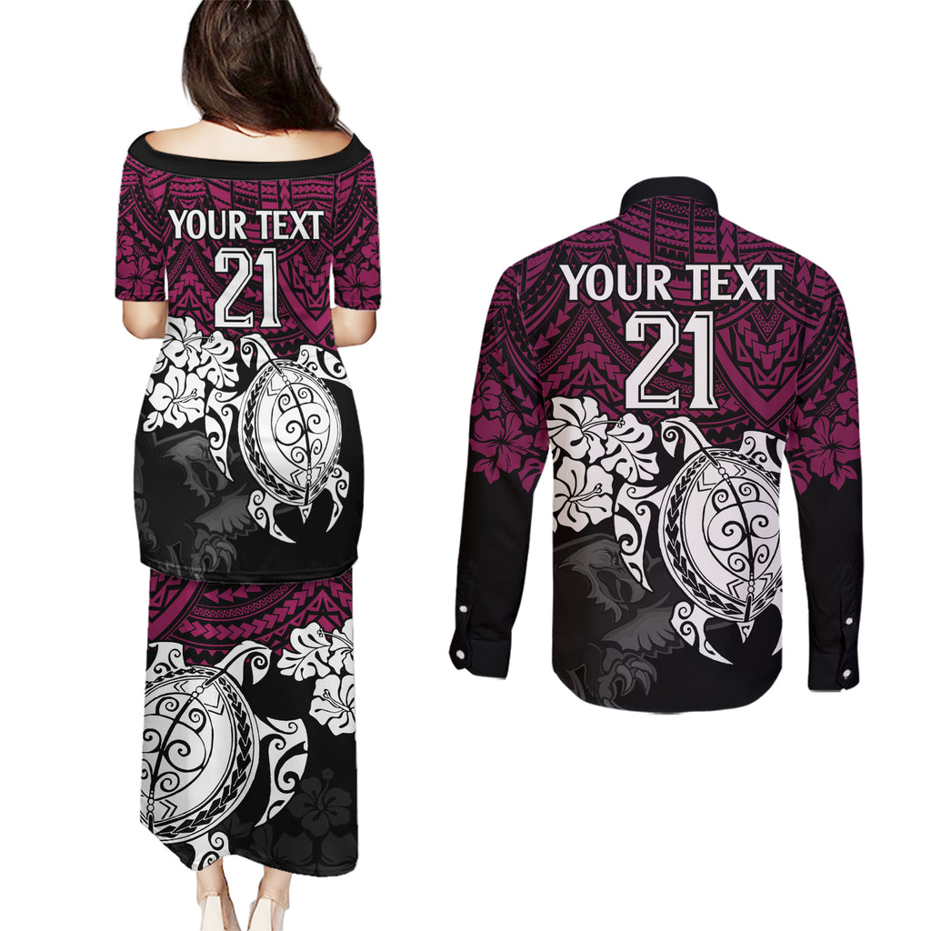 custom-sea-eagles-rugby-couples-matching-puletasi-dress-and-long-sleeve-button-shirt-silvertails-hibiscus-and-turtle-with-polynesian-pattern