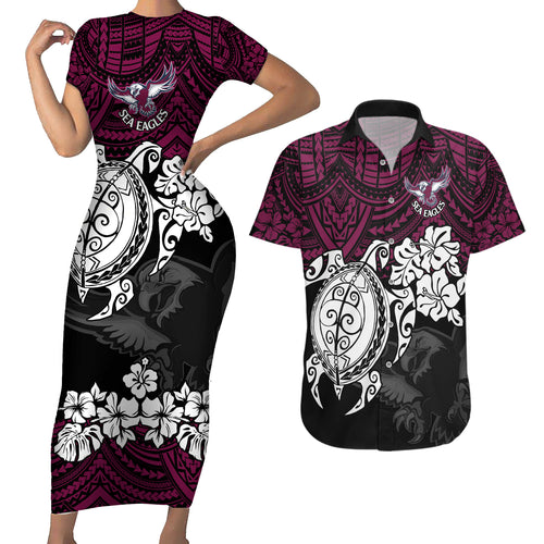 custom-sea-eagles-rugby-couples-matching-short-sleeve-bodycon-dress-and-hawaiian-shirt-silvertails-hibiscus-and-turtle-with-polynesian-pattern