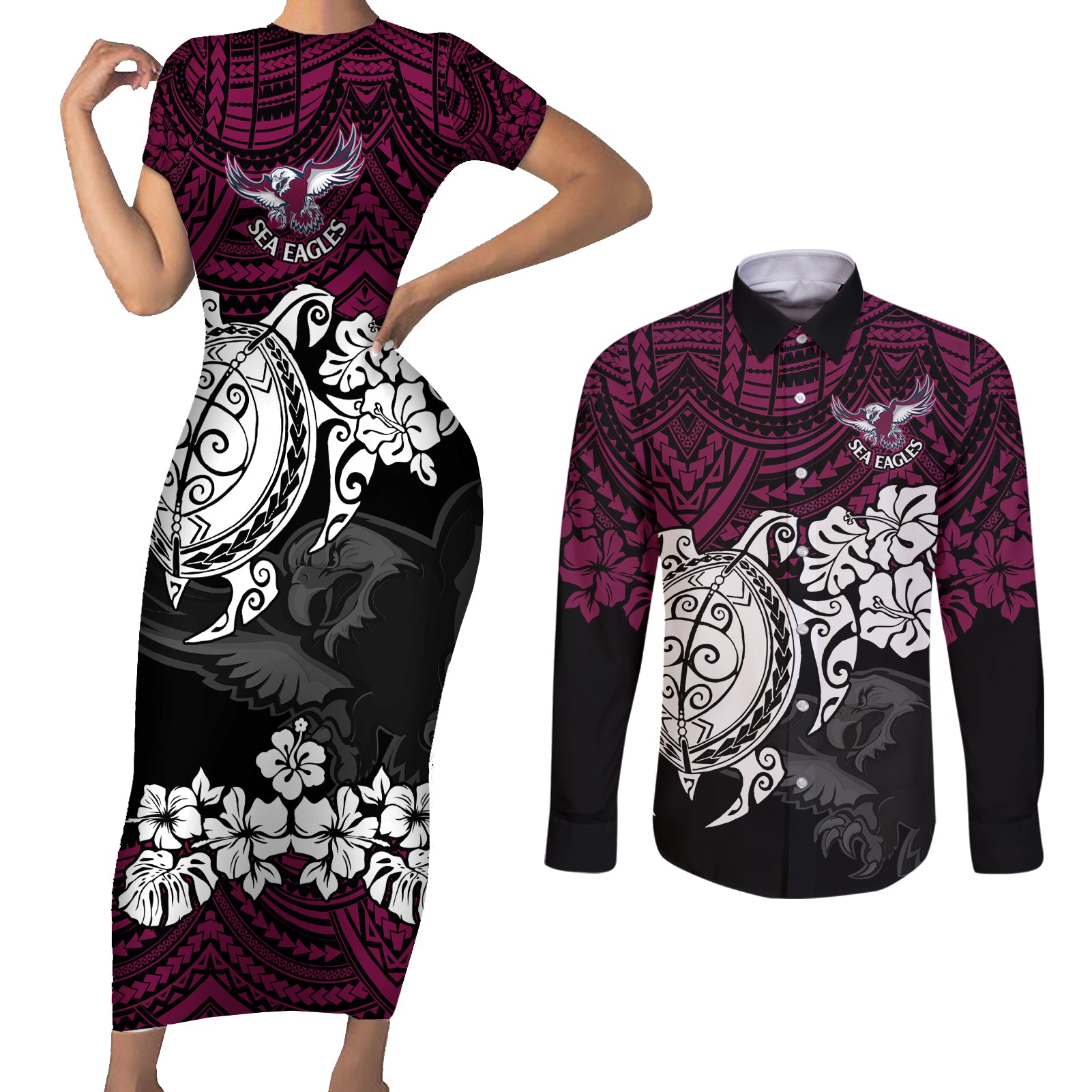 custom-sea-eagles-rugby-couples-matching-short-sleeve-bodycon-dress-and-long-sleeve-button-shirt-silvertails-hibiscus-and-turtle-with-polynesian-pattern