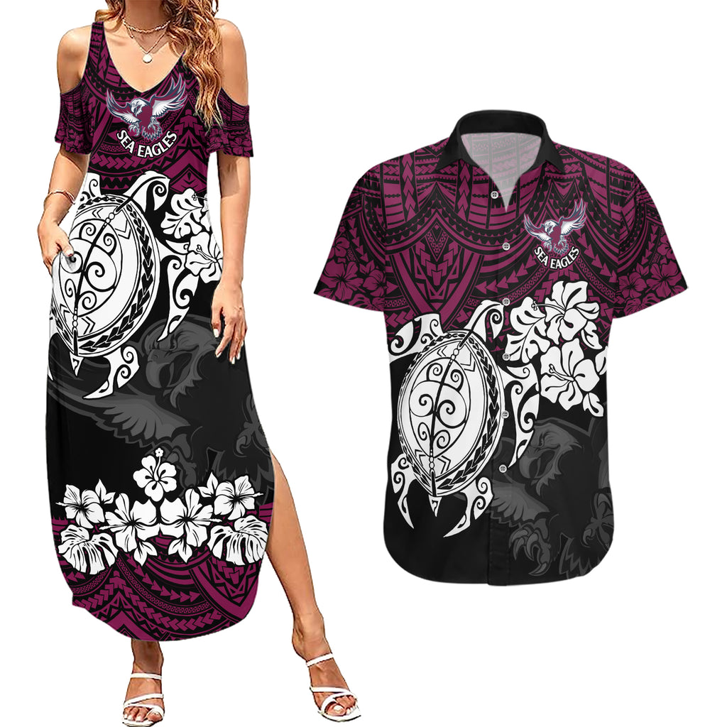 custom-sea-eagles-rugby-couples-matching-summer-maxi-dress-and-hawaiian-shirt-silvertails-hibiscus-and-turtle-with-polynesian-pattern