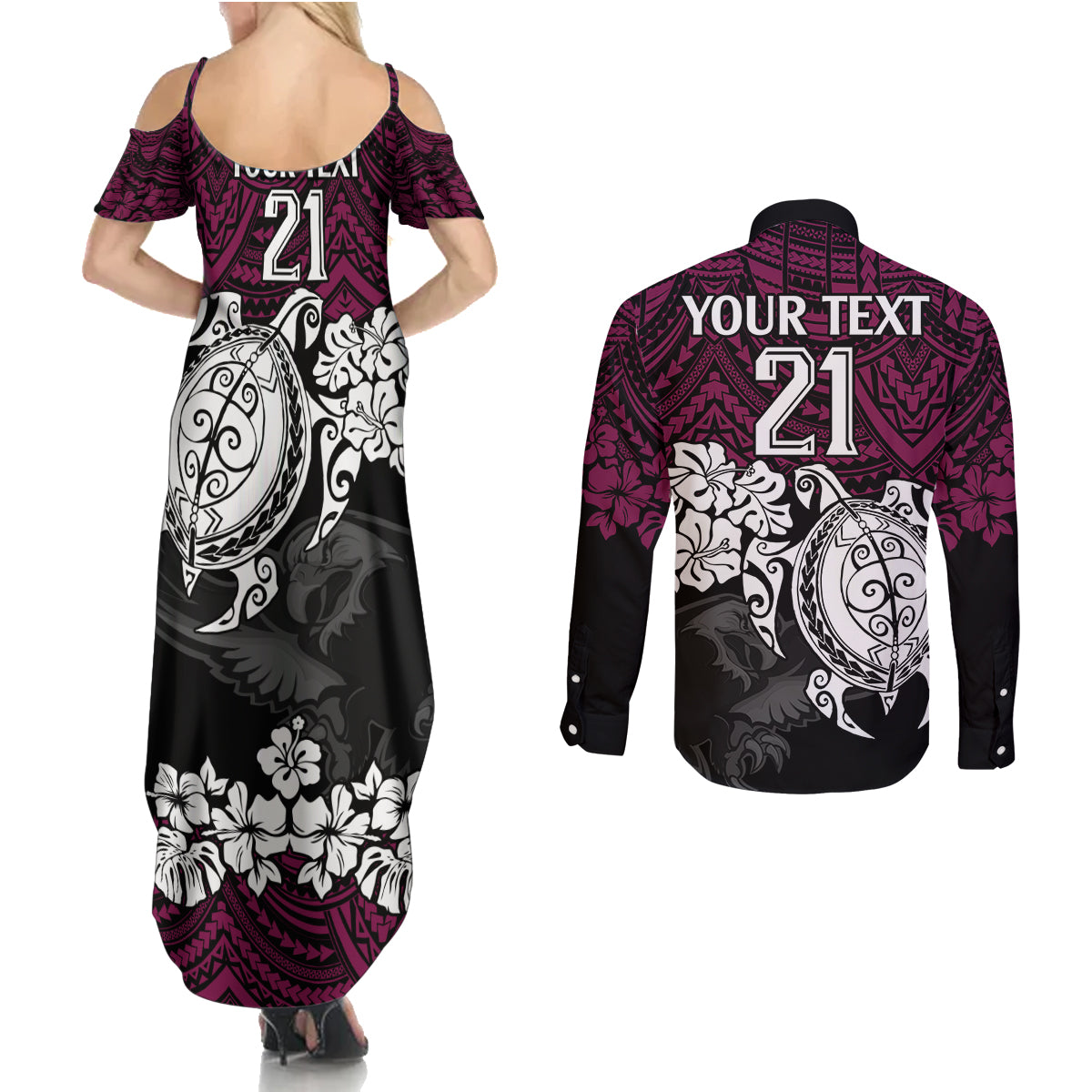 custom-sea-eagles-rugby-couples-matching-summer-maxi-dress-and-long-sleeve-button-shirt-silvertails-hibiscus-and-turtle-with-polynesian-pattern