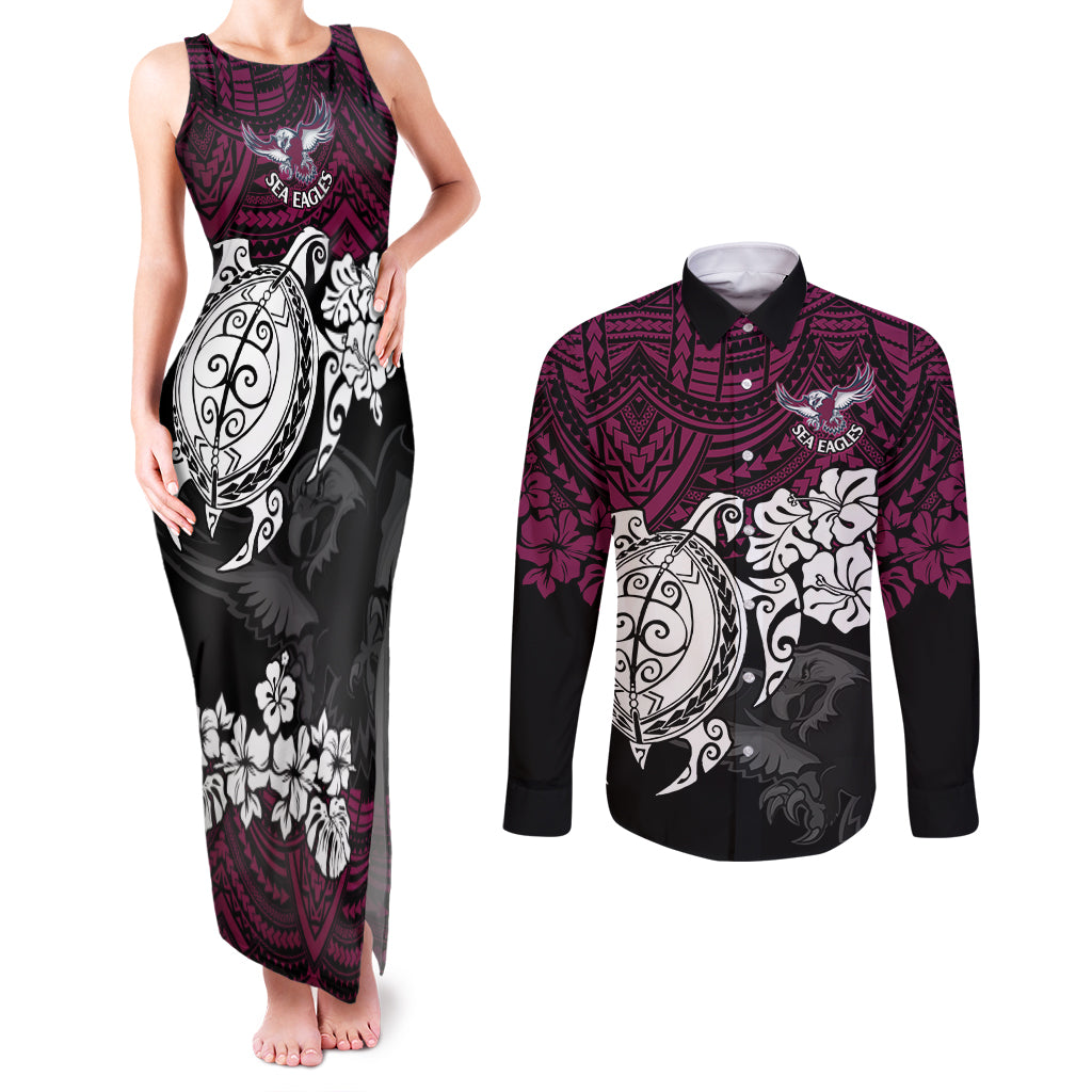 custom-sea-eagles-rugby-couples-matching-tank-maxi-dress-and-long-sleeve-button-shirt-silvertails-hibiscus-and-turtle-with-polynesian-pattern