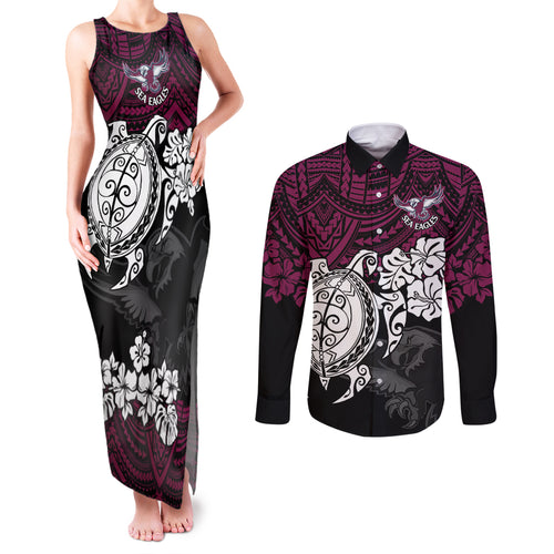 custom-sea-eagles-rugby-couples-matching-tank-maxi-dress-and-long-sleeve-button-shirt-silvertails-hibiscus-and-turtle-with-polynesian-pattern