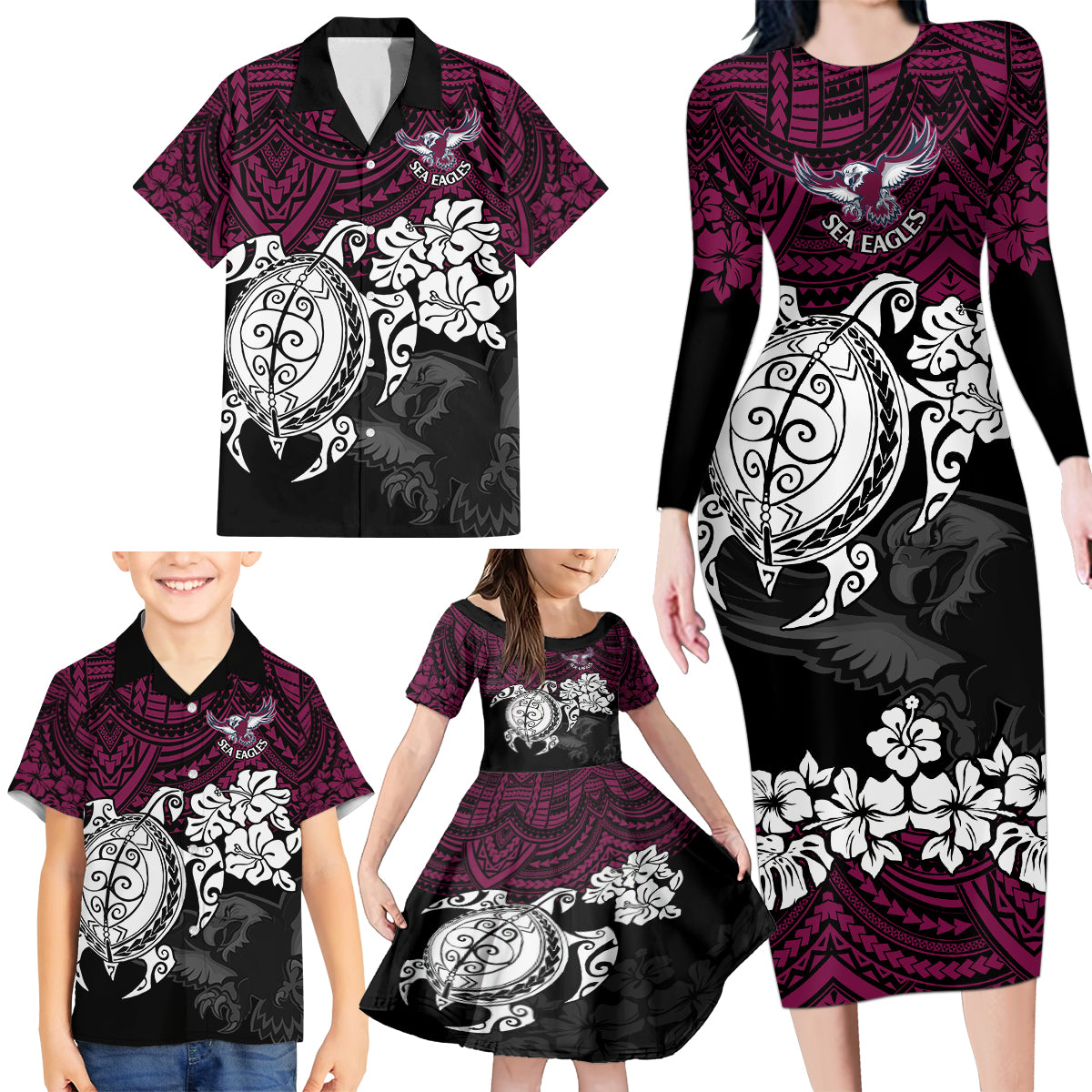 custom-sea-eagles-rugby-family-matching-long-sleeve-bodycon-dress-and-hawaiian-shirt-silvertails-hibiscus-and-turtle-with-polynesian-pattern