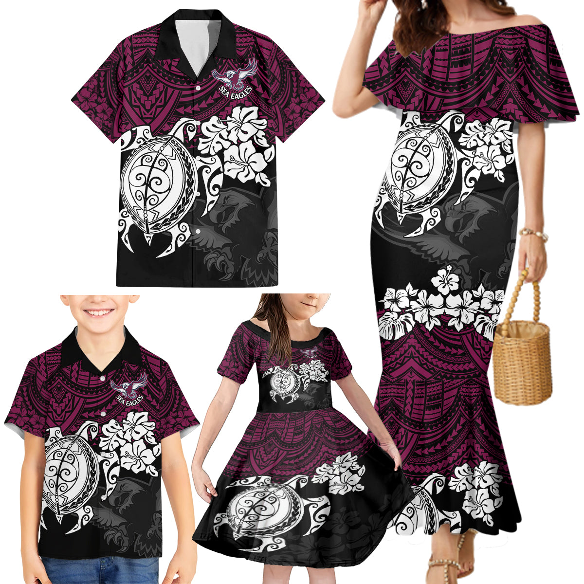 custom-sea-eagles-rugby-family-matching-mermaid-dress-and-hawaiian-shirt-silvertails-hibiscus-and-turtle-with-polynesian-pattern
