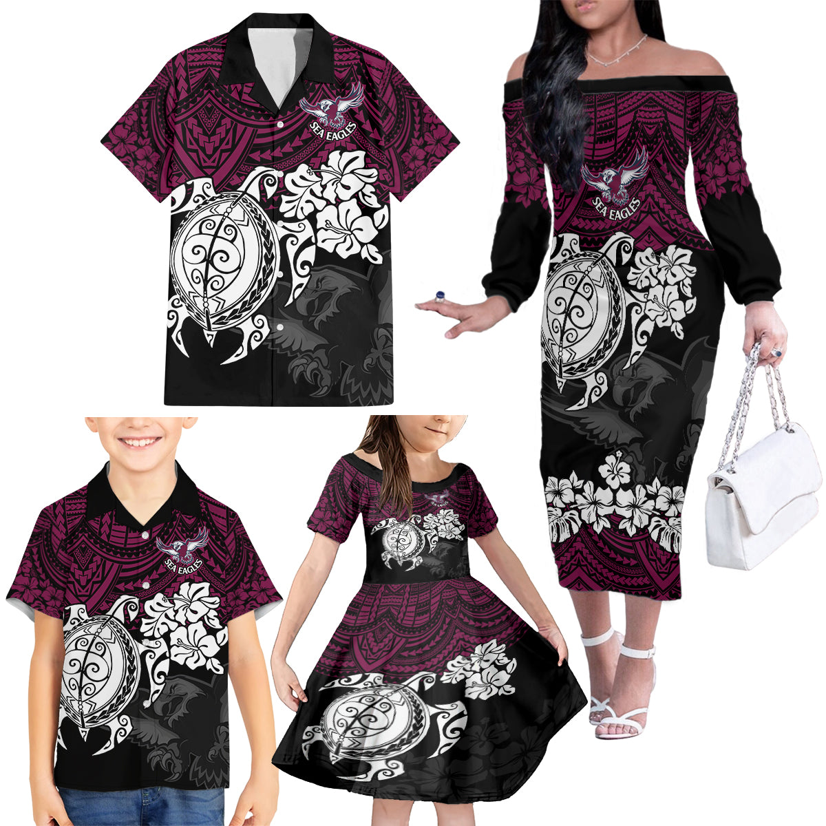 custom-sea-eagles-rugby-family-matching-off-shoulder-long-sleeve-dress-and-hawaiian-shirt-silvertails-hibiscus-and-turtle-with-polynesian-pattern