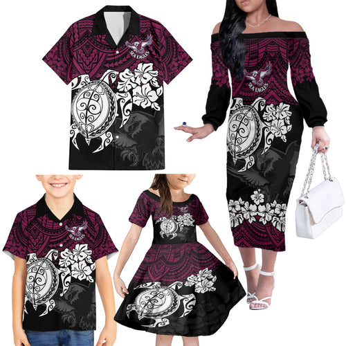 custom-sea-eagles-rugby-family-matching-off-shoulder-long-sleeve-dress-and-hawaiian-shirt-silvertails-hibiscus-and-turtle-with-polynesian-pattern