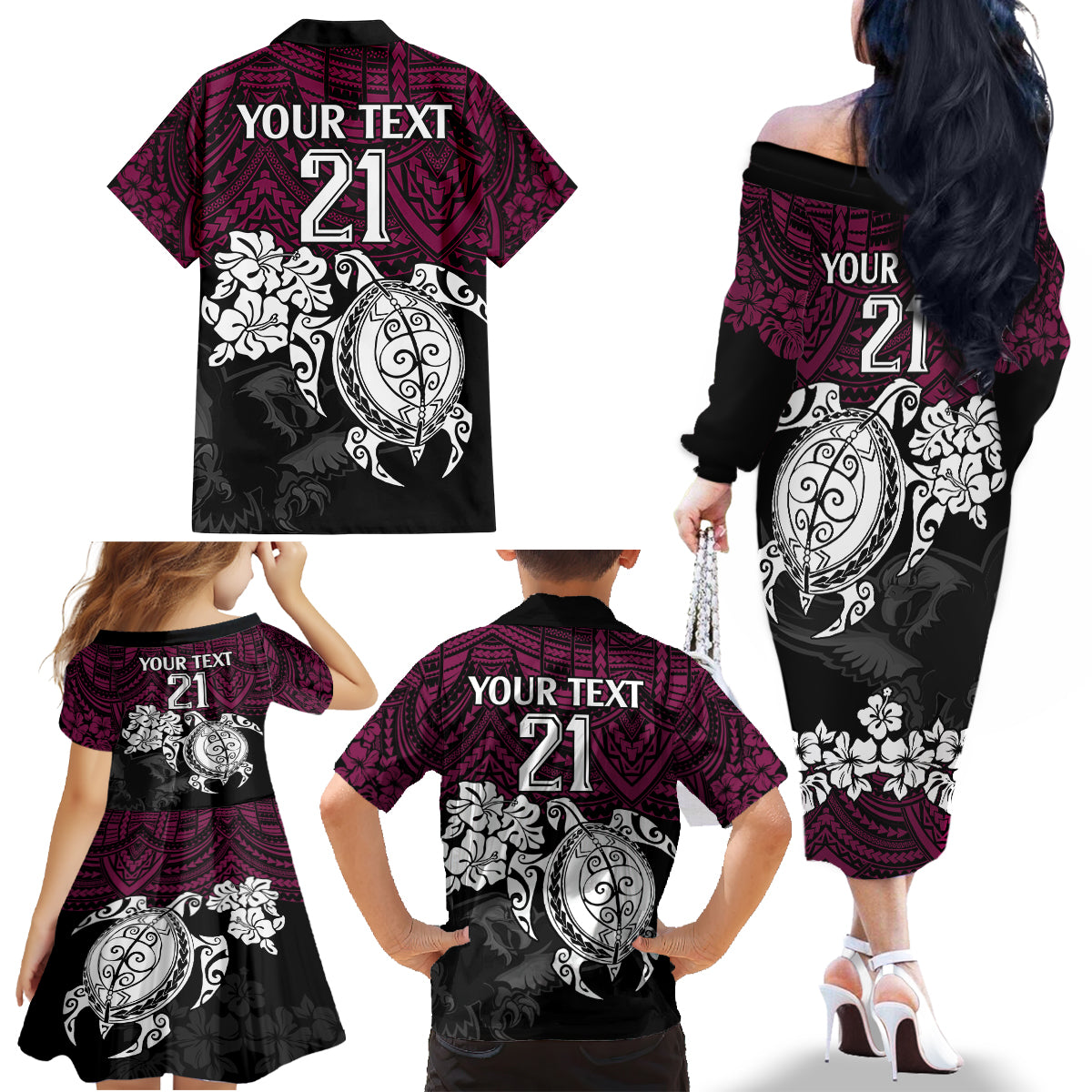 custom-sea-eagles-rugby-family-matching-off-shoulder-long-sleeve-dress-and-hawaiian-shirt-silvertails-hibiscus-and-turtle-with-polynesian-pattern