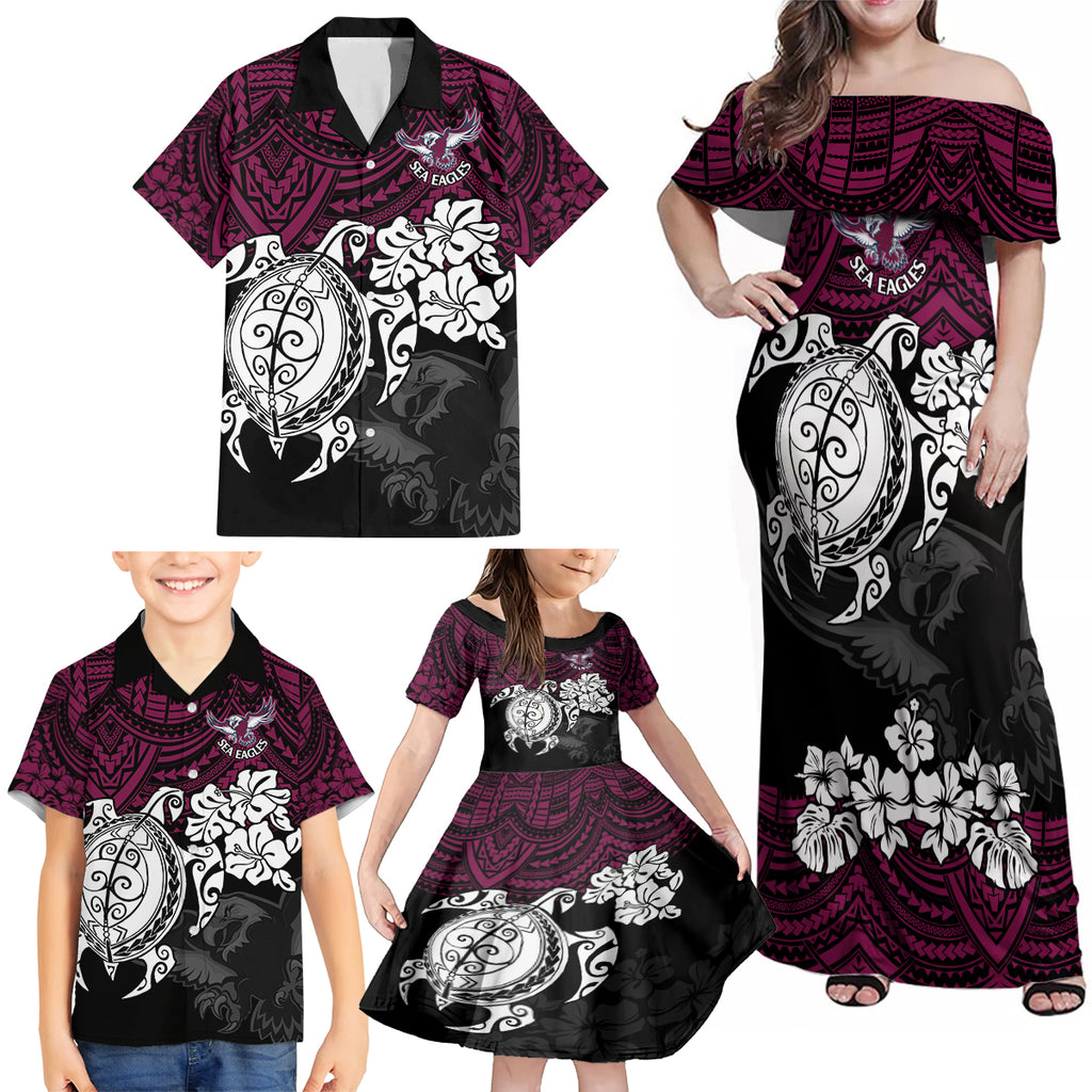 custom-sea-eagles-rugby-family-matching-off-shoulder-maxi-dress-and-hawaiian-shirt-silvertails-hibiscus-and-turtle-with-polynesian-pattern