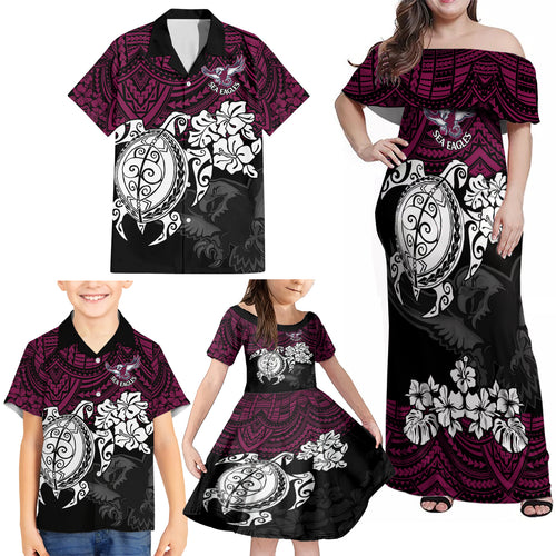 custom-sea-eagles-rugby-family-matching-off-shoulder-maxi-dress-and-hawaiian-shirt-silvertails-hibiscus-and-turtle-with-polynesian-pattern