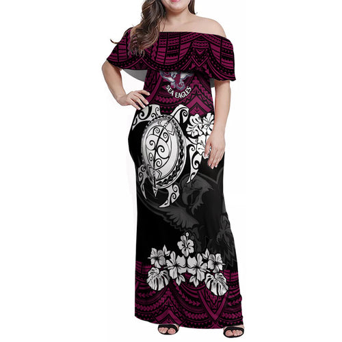 custom-sea-eagles-rugby-family-matching-off-shoulder-maxi-dress-and-hawaiian-shirt-silvertails-hibiscus-and-turtle-with-polynesian-pattern