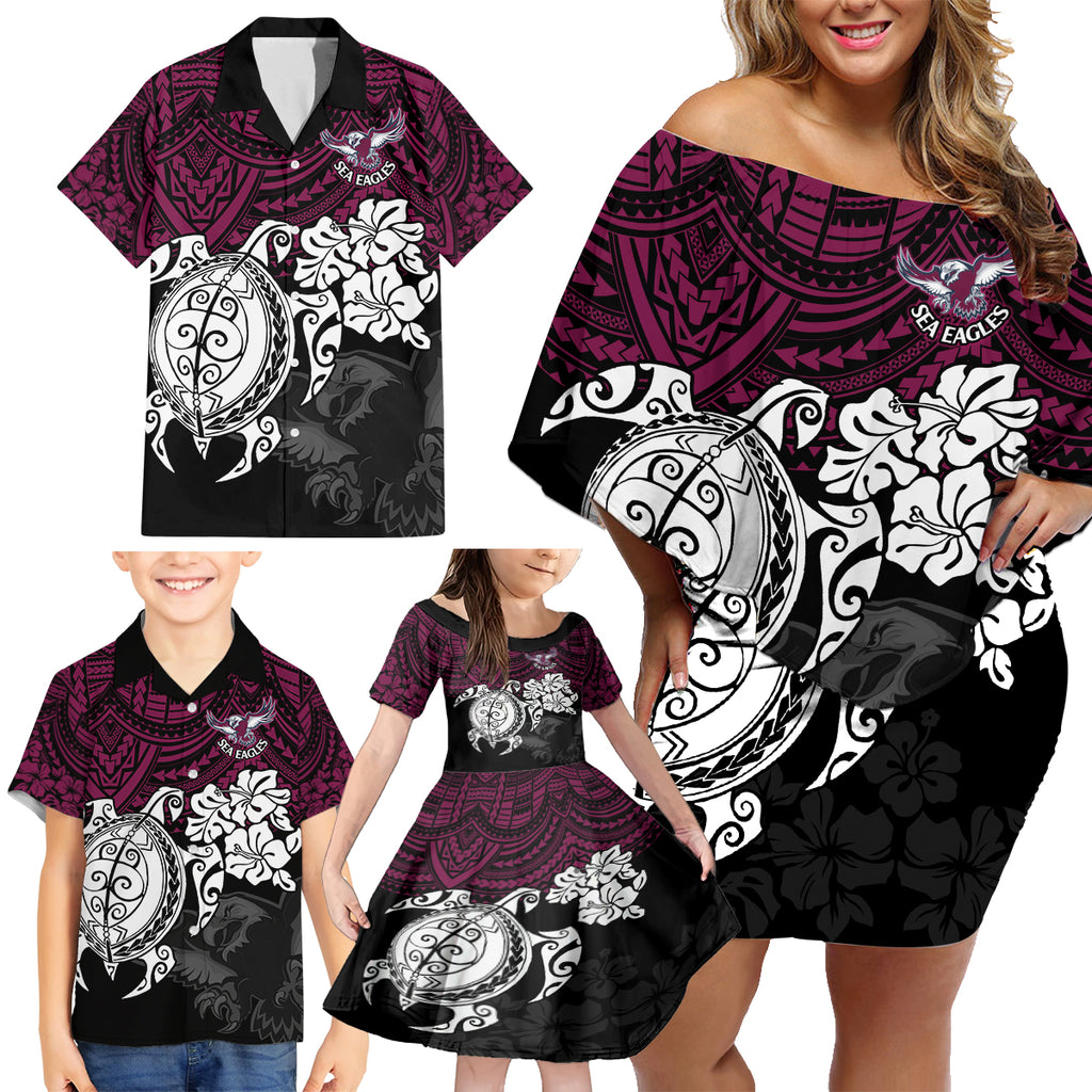 custom-sea-eagles-rugby-family-matching-off-shoulder-short-dress-and-hawaiian-shirt-silvertails-hibiscus-and-turtle-with-polynesian-pattern