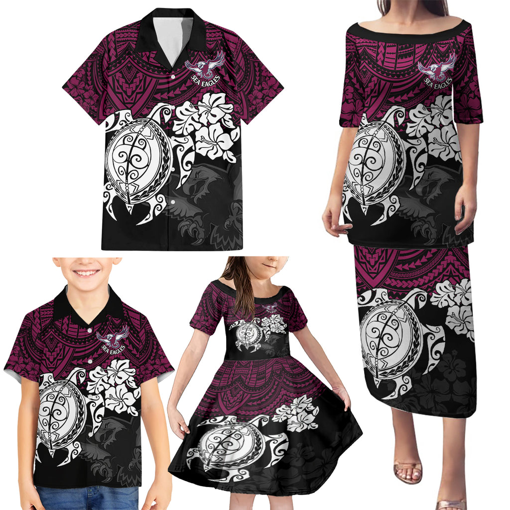 custom-sea-eagles-rugby-family-matching-puletasi-dress-and-hawaiian-shirt-silvertails-hibiscus-and-turtle-with-polynesian-pattern