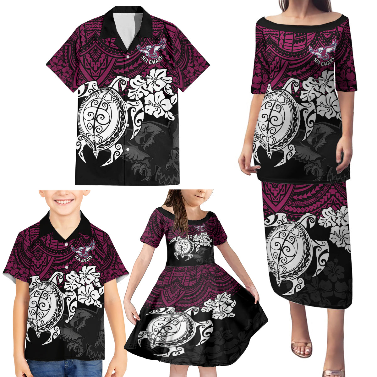custom-sea-eagles-rugby-family-matching-puletasi-dress-and-hawaiian-shirt-silvertails-hibiscus-and-turtle-with-polynesian-pattern