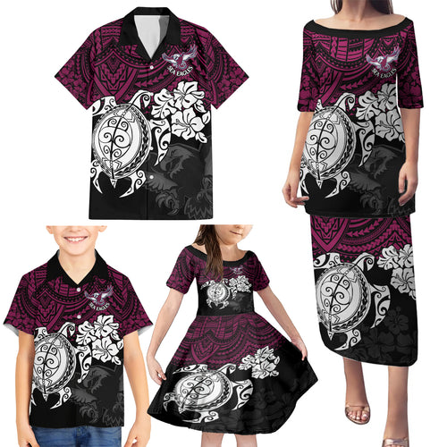 custom-sea-eagles-rugby-family-matching-puletasi-dress-and-hawaiian-shirt-silvertails-hibiscus-and-turtle-with-polynesian-pattern