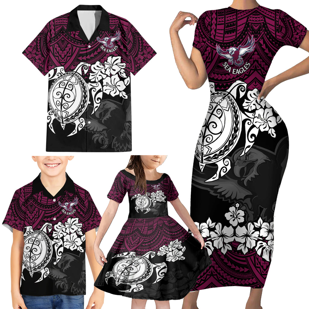 custom-sea-eagles-rugby-family-matching-short-sleeve-bodycon-dress-and-hawaiian-shirt-silvertails-hibiscus-and-turtle-with-polynesian-pattern