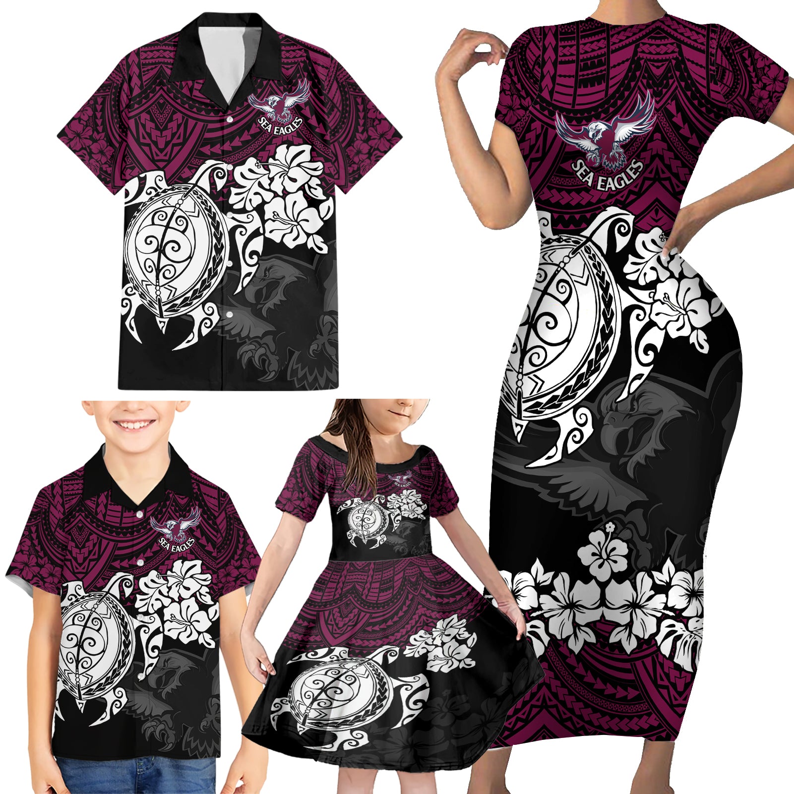 custom-sea-eagles-rugby-family-matching-short-sleeve-bodycon-dress-and-hawaiian-shirt-silvertails-hibiscus-and-turtle-with-polynesian-pattern