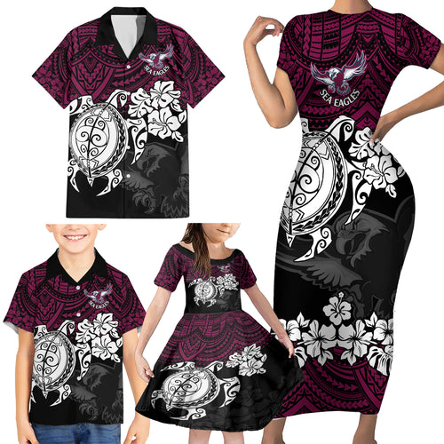 custom-sea-eagles-rugby-family-matching-short-sleeve-bodycon-dress-and-hawaiian-shirt-silvertails-hibiscus-and-turtle-with-polynesian-pattern