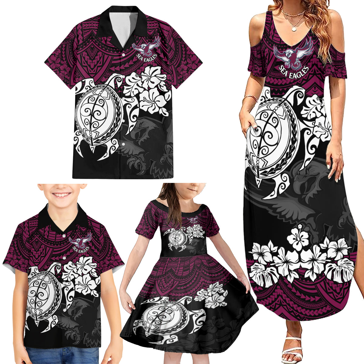 custom-sea-eagles-rugby-family-matching-summer-maxi-dress-and-hawaiian-shirt-silvertails-hibiscus-and-turtle-with-polynesian-pattern