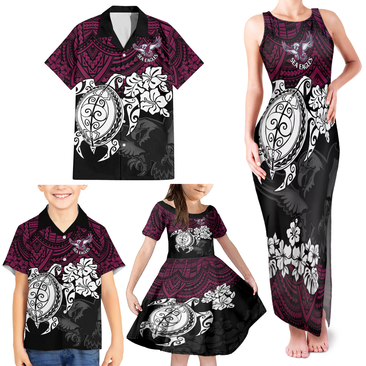 custom-sea-eagles-rugby-family-matching-tank-maxi-dress-and-hawaiian-shirt-silvertails-hibiscus-and-turtle-with-polynesian-pattern