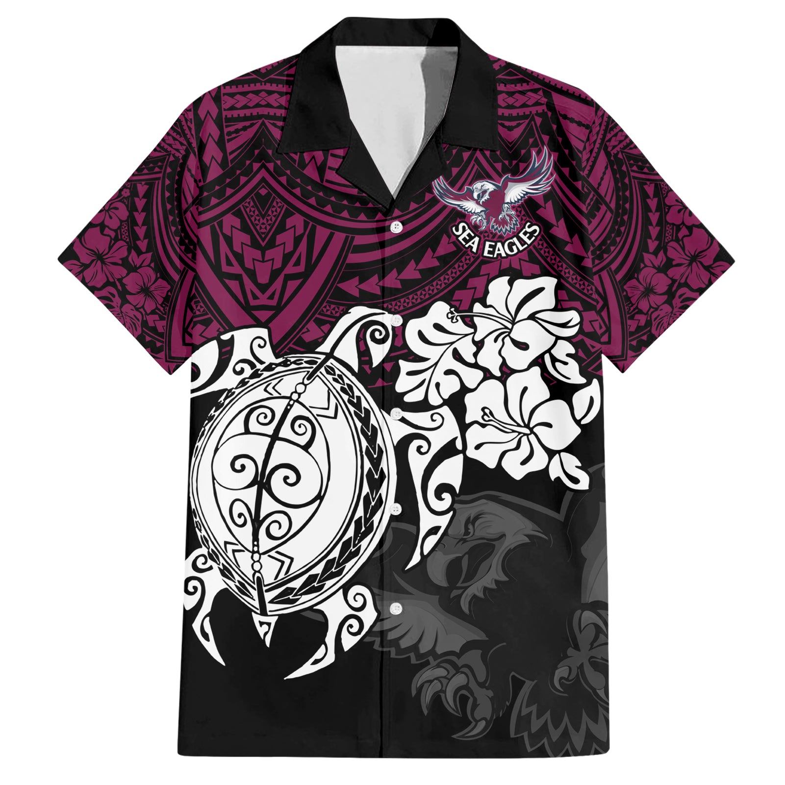 custom-sea-eagles-rugby-hawaiian-shirt-silvertails-hibiscus-and-turtle-with-polynesian-pattern