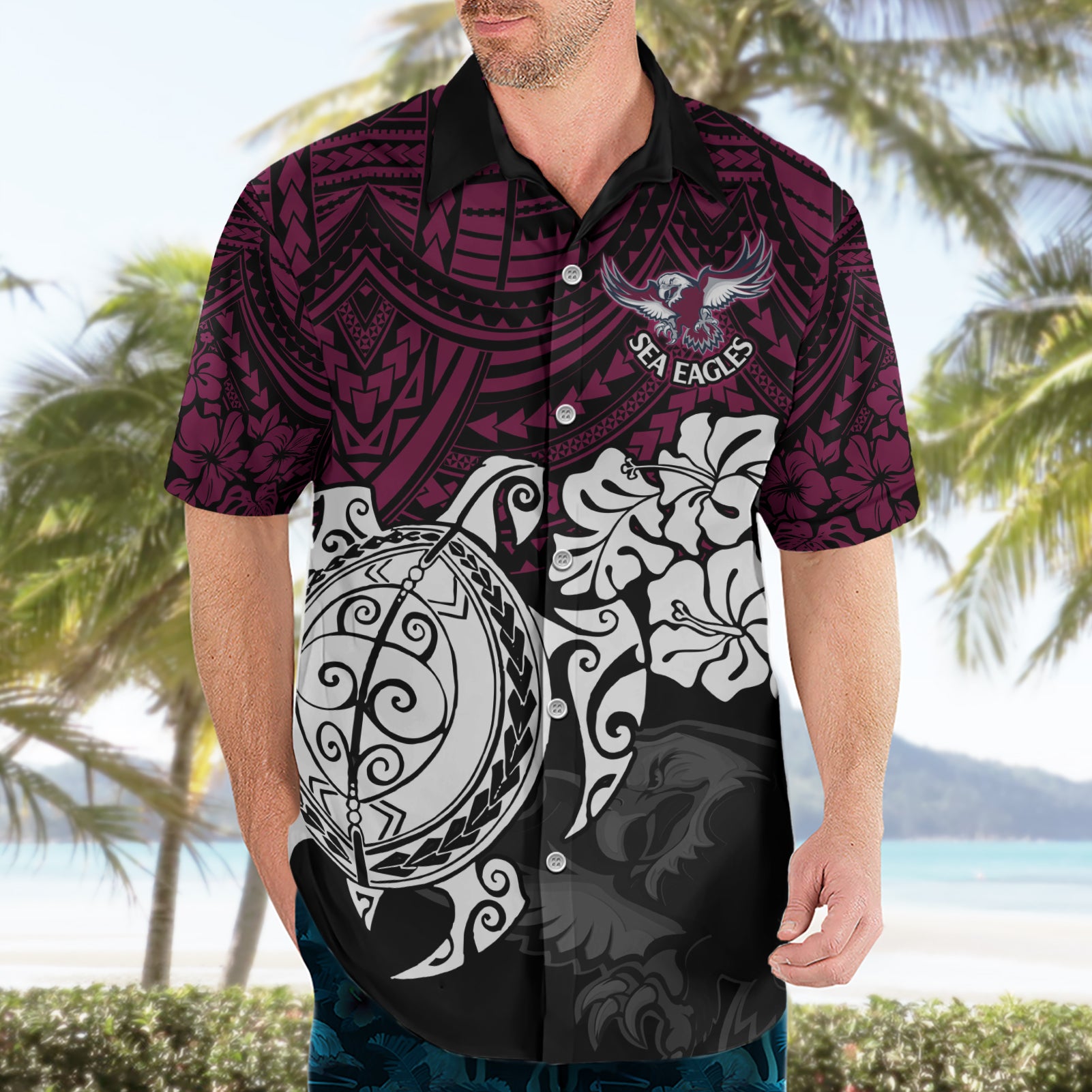 custom-sea-eagles-rugby-hawaiian-shirt-silvertails-hibiscus-and-turtle-with-polynesian-pattern