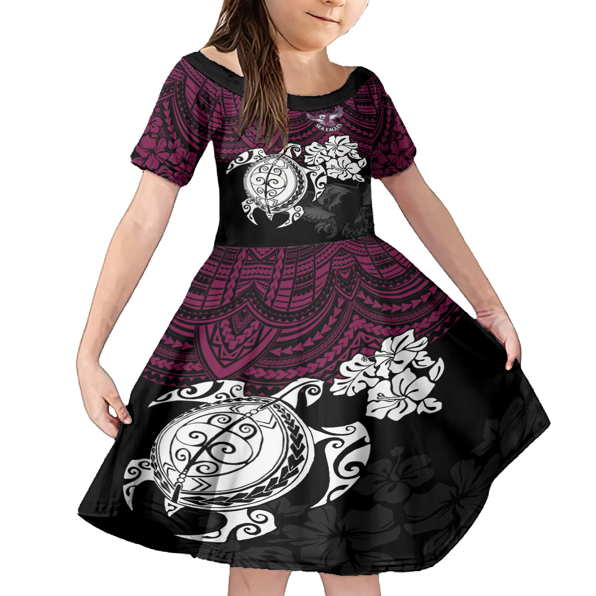custom-sea-eagles-rugby-kid-short-sleeve-dress-silvertails-hibiscus-and-turtle-with-polynesian-pattern