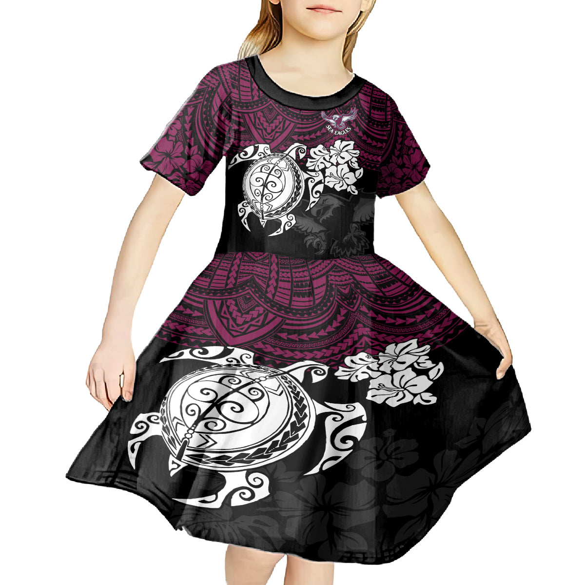 custom-sea-eagles-rugby-kid-short-sleeve-dress-silvertails-hibiscus-and-turtle-with-polynesian-pattern