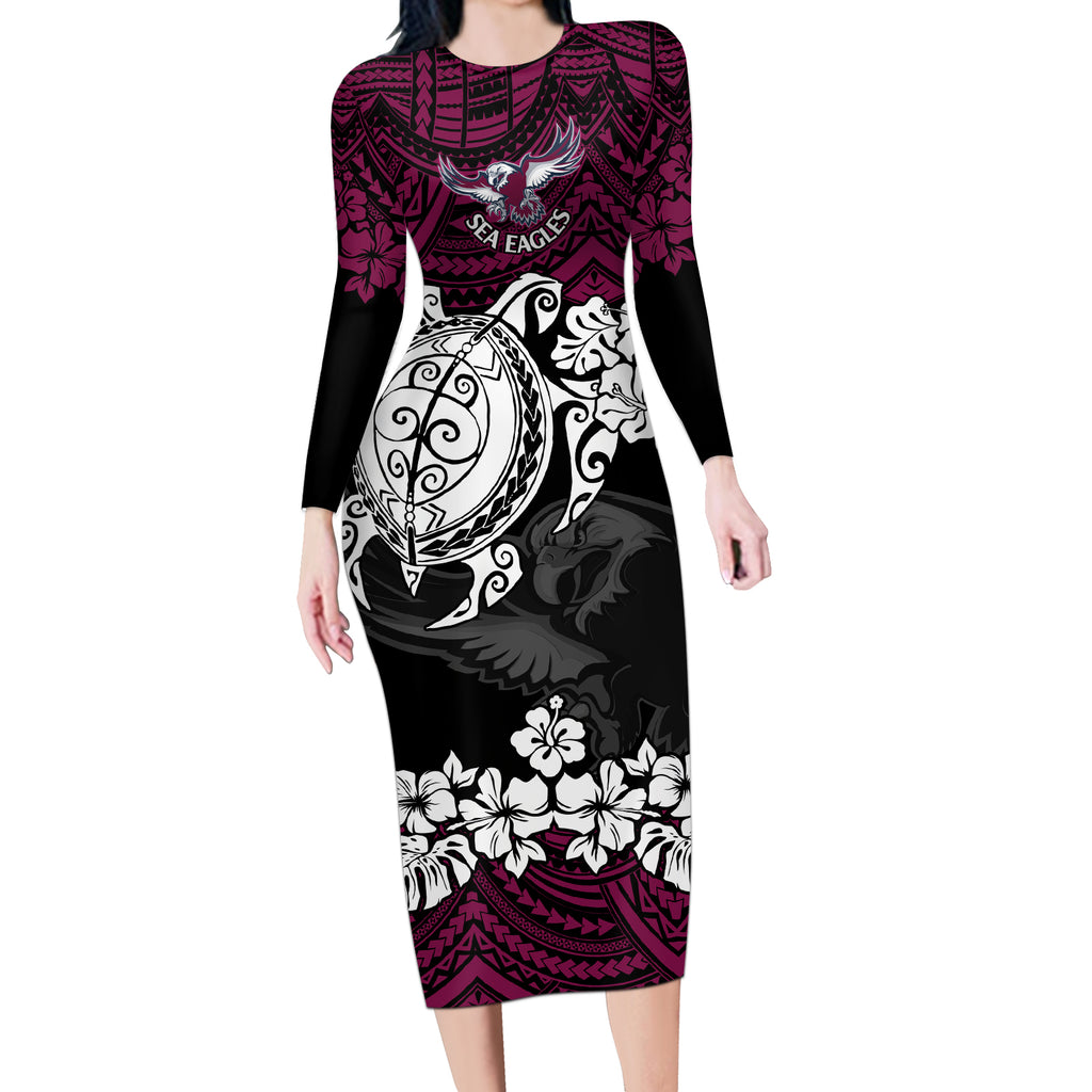 custom-sea-eagles-rugby-long-sleeve-bodycon-dress-silvertails-hibiscus-and-turtle-with-polynesian-pattern