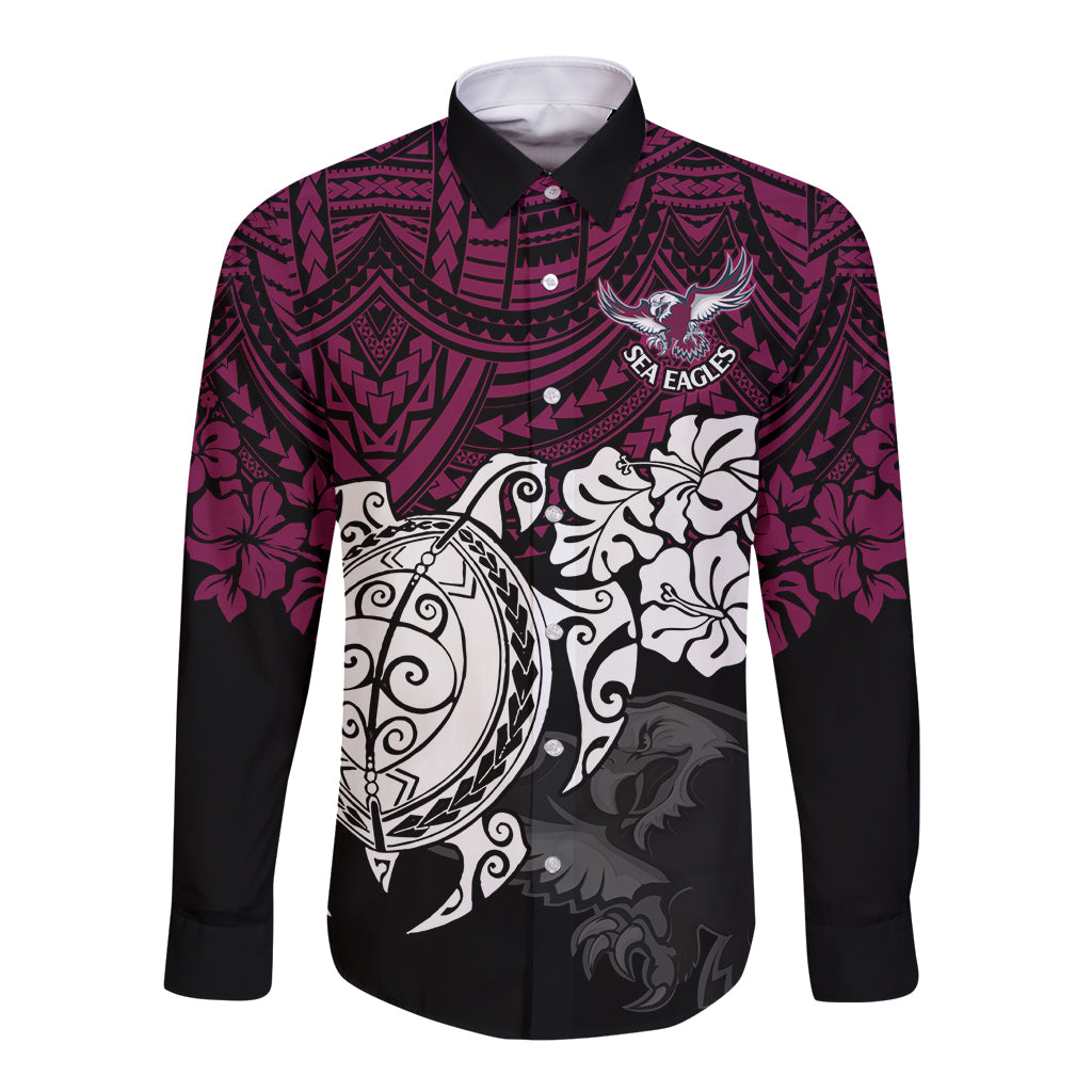 custom-sea-eagles-rugby-long-sleeve-button-shirt-silvertails-hibiscus-and-turtle-with-polynesian-pattern