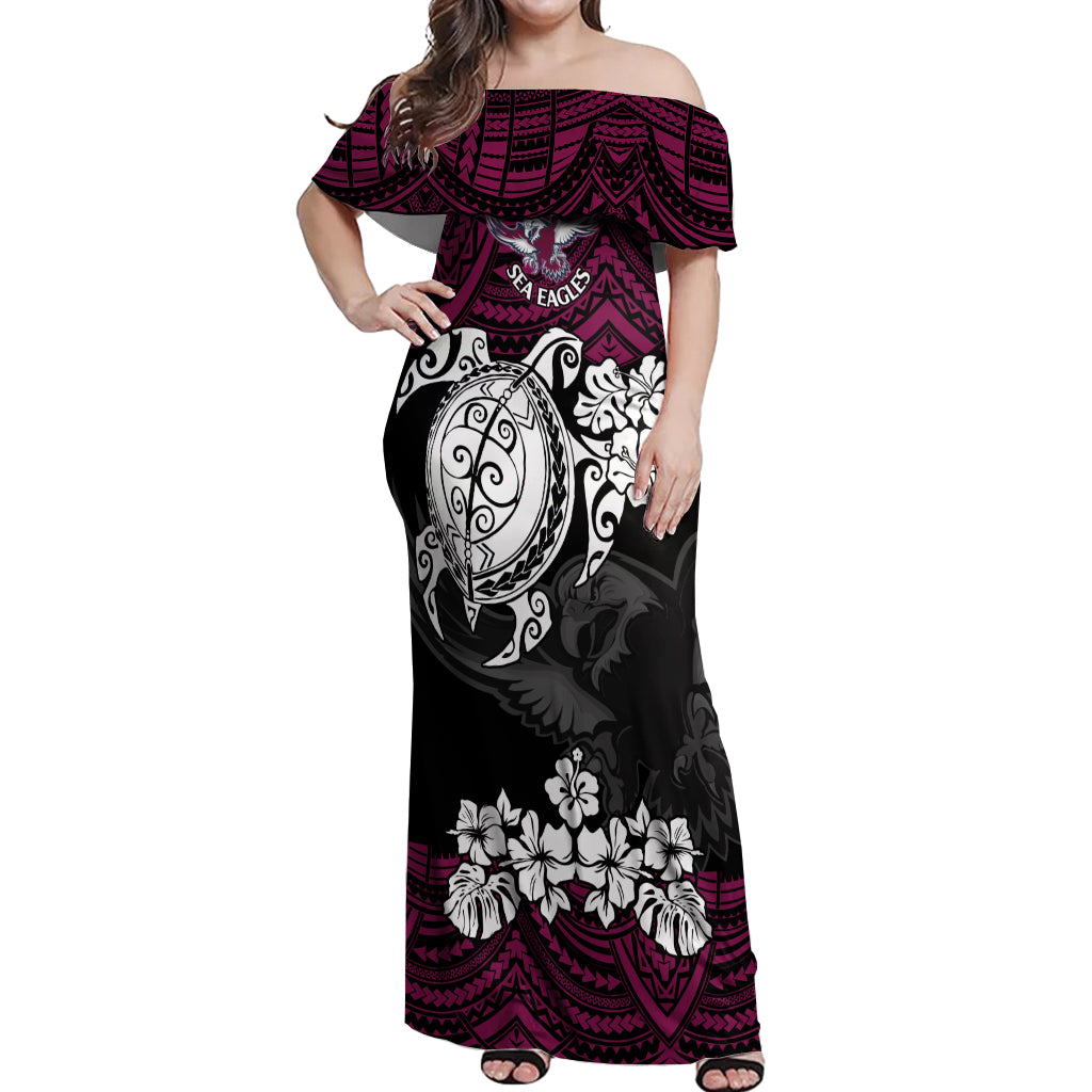custom-sea-eagles-rugby-off-shoulder-maxi-dress-silvertails-hibiscus-and-turtle-with-polynesian-pattern