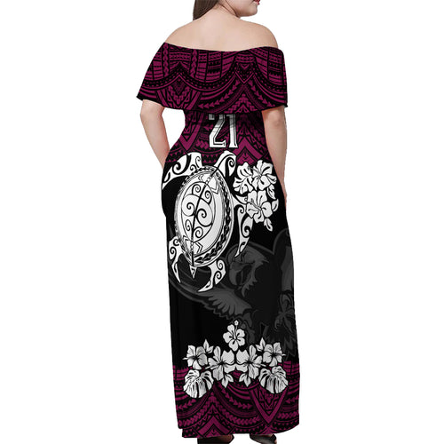 custom-sea-eagles-rugby-off-shoulder-maxi-dress-silvertails-hibiscus-and-turtle-with-polynesian-pattern