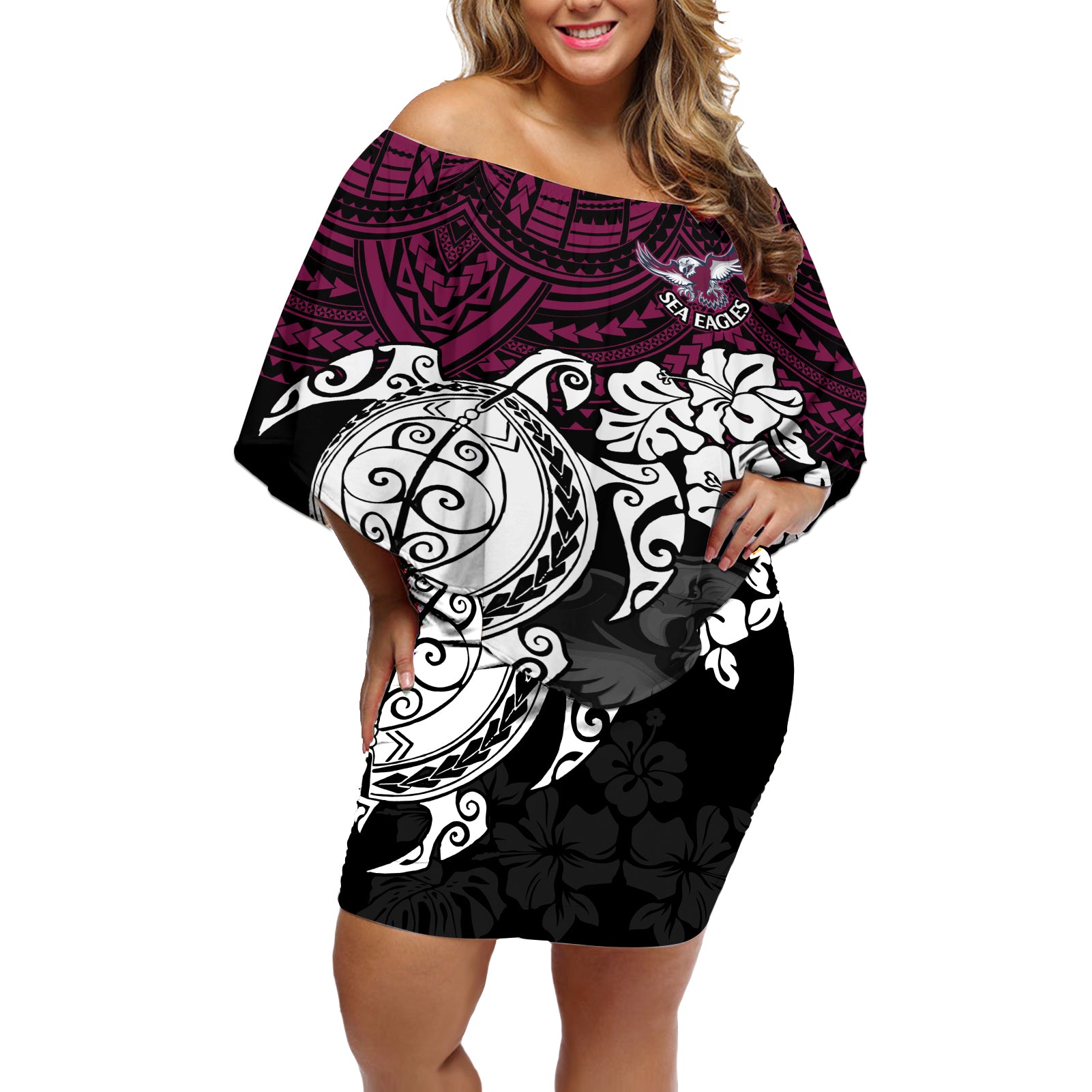 custom-sea-eagles-rugby-off-shoulder-short-dress-silvertails-hibiscus-and-turtle-with-polynesian-pattern