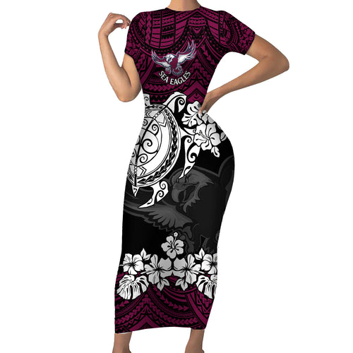 custom-sea-eagles-rugby-short-sleeve-bodycon-dress-silvertails-hibiscus-and-turtle-with-polynesian-pattern