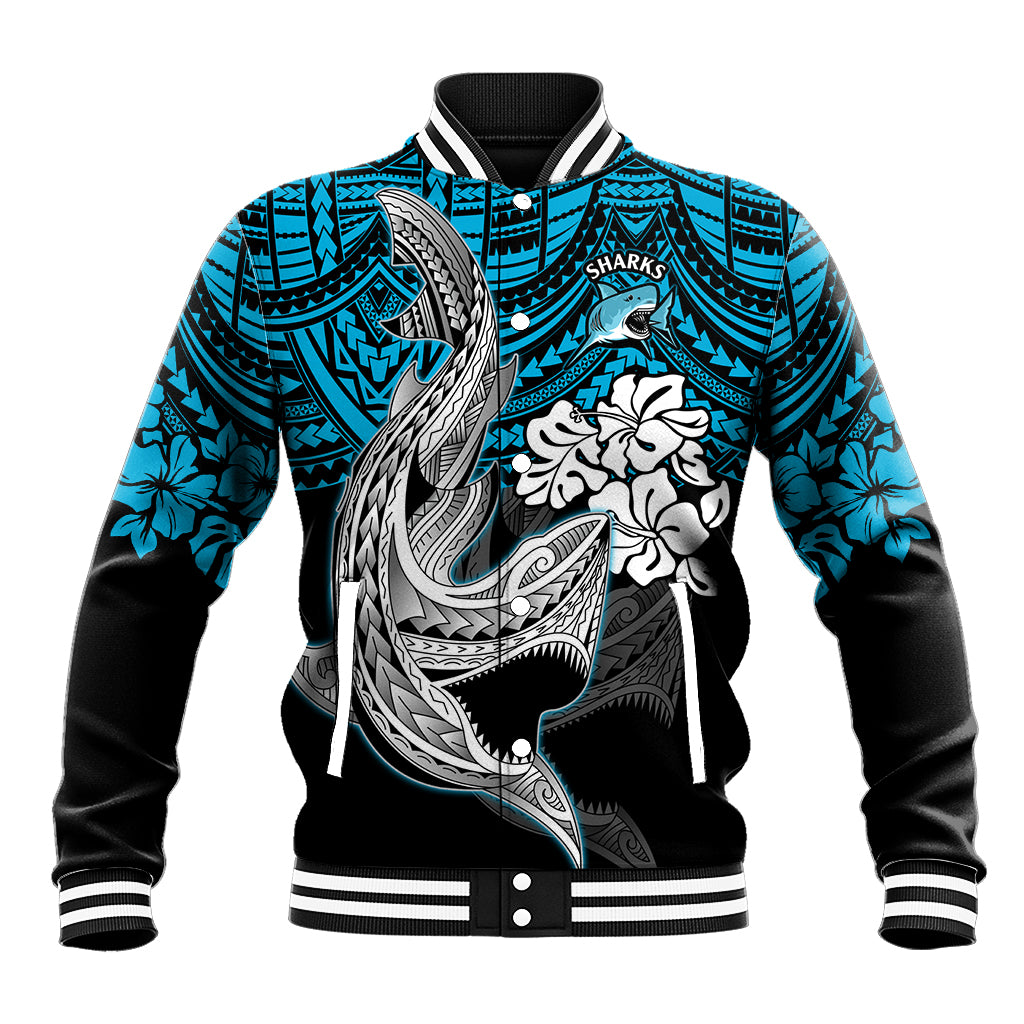 custom-sharks-rugby-baseball-jacket-hibiscus-and-sharkies-tattoo-with-polynesian-pattern