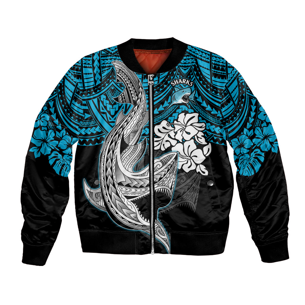 custom-sharks-rugby-bomber-jacket-hibiscus-and-sharkies-tattoo-with-polynesian-pattern