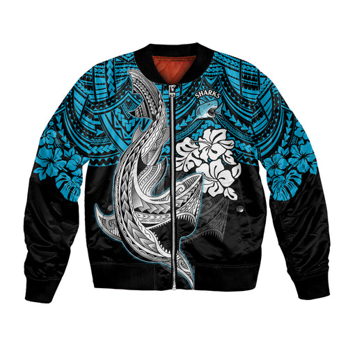 custom-sharks-rugby-bomber-jacket-hibiscus-and-sharkies-tattoo-with-polynesian-pattern