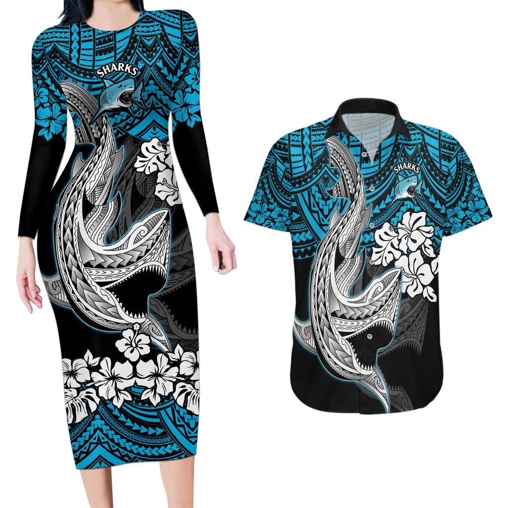 custom-sharks-rugby-couples-matching-long-sleeve-bodycon-dress-and-hawaiian-shirt-hibiscus-and-sharkies-tattoo-with-polynesian-pattern