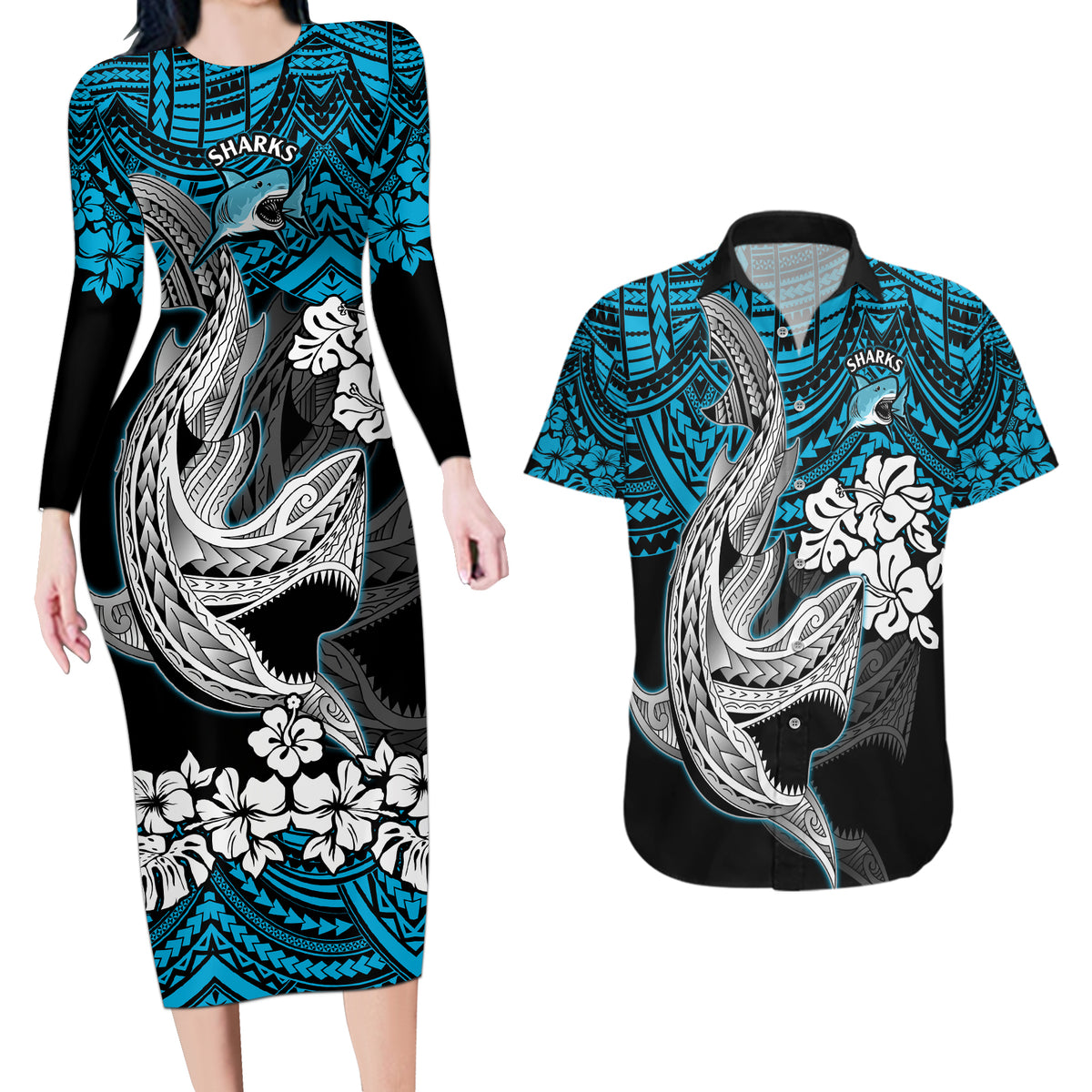 custom-sharks-rugby-couples-matching-long-sleeve-bodycon-dress-and-hawaiian-shirt-hibiscus-and-sharkies-tattoo-with-polynesian-pattern
