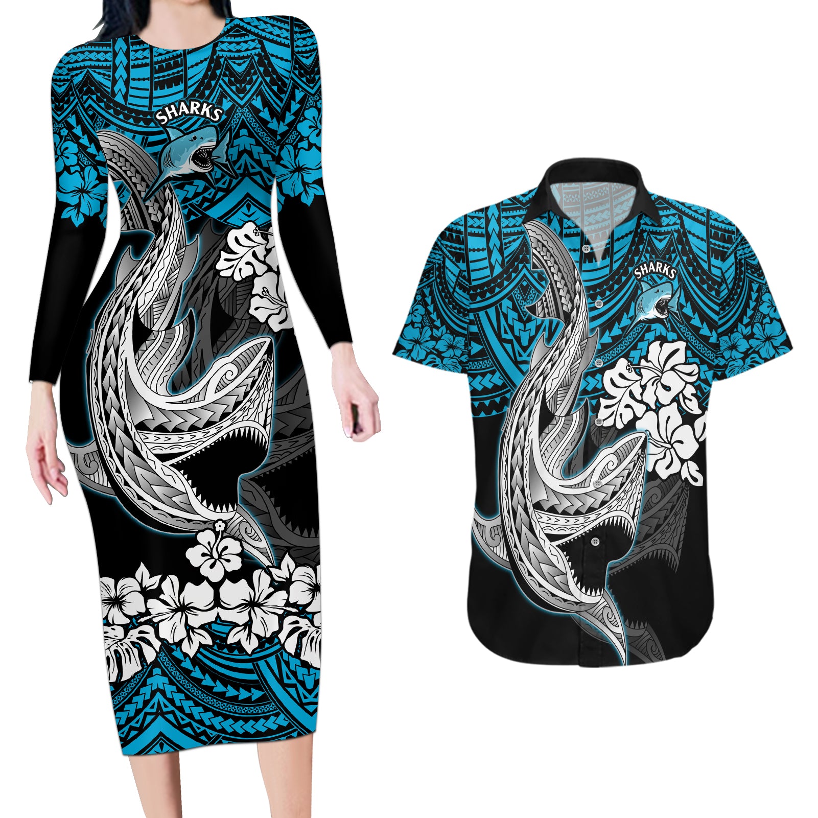 custom-sharks-rugby-couples-matching-long-sleeve-bodycon-dress-and-hawaiian-shirt-hibiscus-and-sharkies-tattoo-with-polynesian-pattern