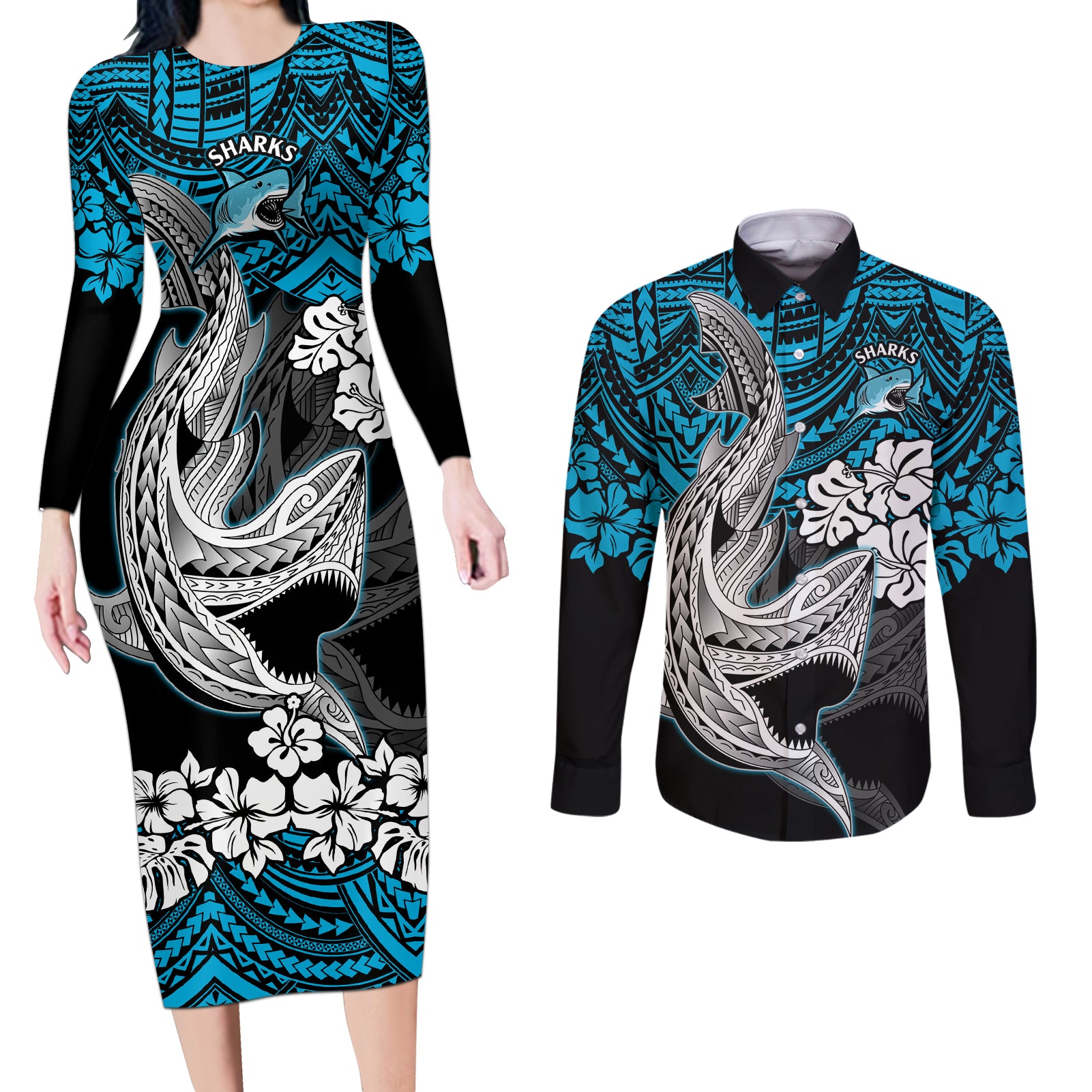 custom-sharks-rugby-couples-matching-long-sleeve-bodycon-dress-and-long-sleeve-button-shirt-hibiscus-and-sharkies-tattoo-with-polynesian-pattern