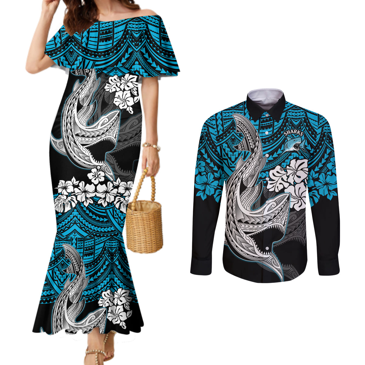 custom-sharks-rugby-couples-matching-mermaid-dress-and-long-sleeve-button-shirt-hibiscus-and-sharkies-tattoo-with-polynesian-pattern