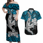 custom-sharks-rugby-couples-matching-off-shoulder-maxi-dress-and-hawaiian-shirt-hibiscus-and-sharkies-tattoo-with-polynesian-pattern